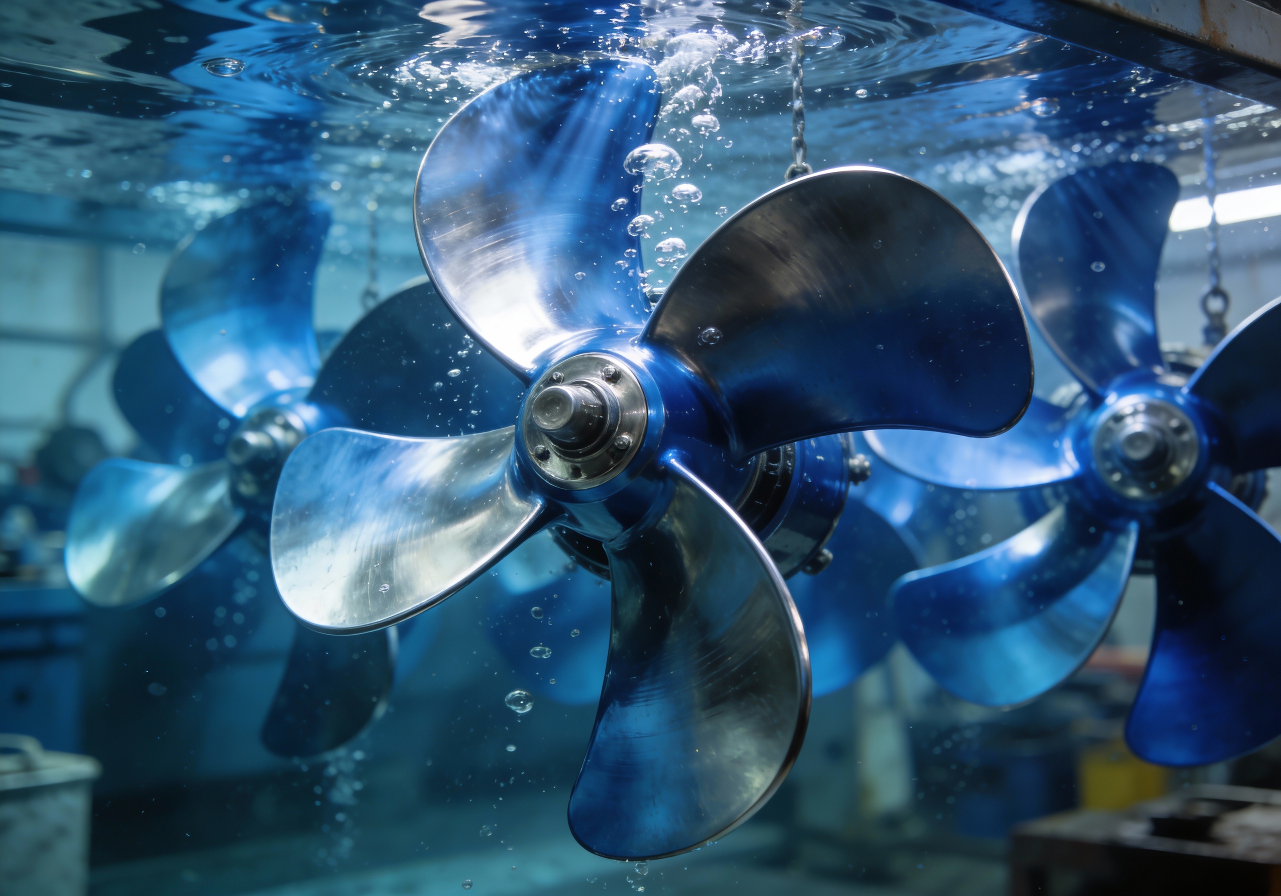 Marine Propellers with Specialty Anti-Corrosion Blue Coatings (see the generated image above